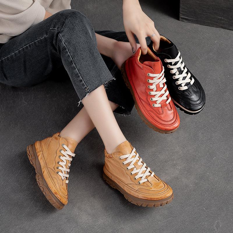 Women's Vintage High-Top Sneakers - Top Layer Cowhide Lace-Up Casual Shoes with Rubber Sole, Round Toe Comfortable Flat Shoes