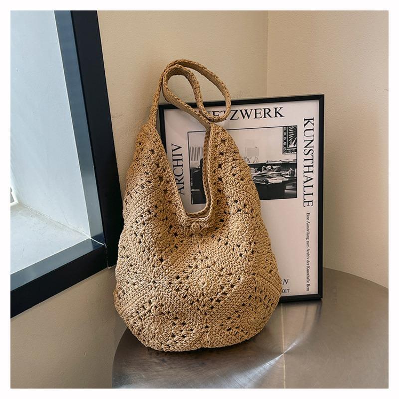 Handmade crochet cotton thread grandmother grid hollow flower woven women's bag straw woven beach shoulder bag
