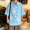 INCERUN Oversized Men Lapel Neck Short Sleeve Side Buttons Up Print Casual Loose Shirts