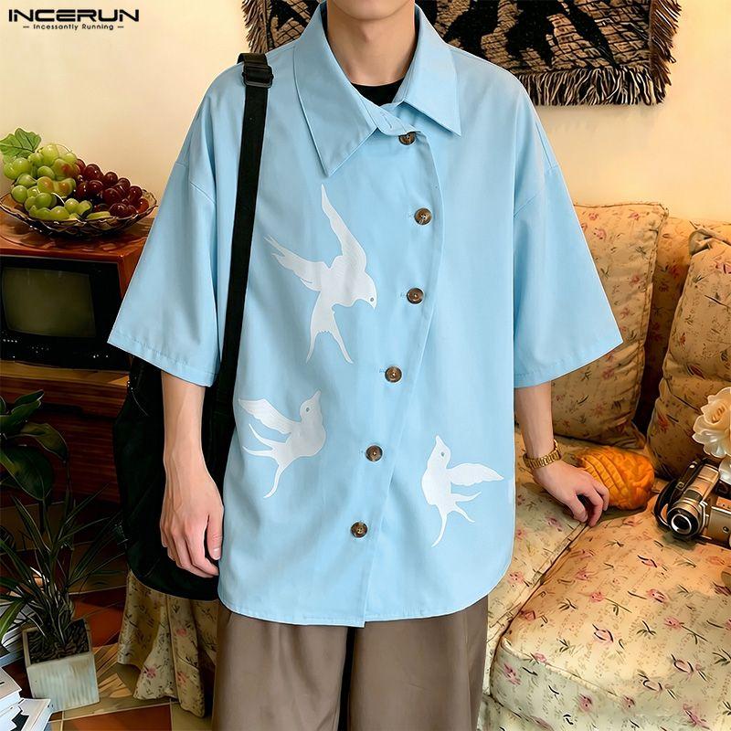 INCERUN Oversized Men Lapel Neck Short Sleeve Side Buttons Up Print Casual Loose Shirts