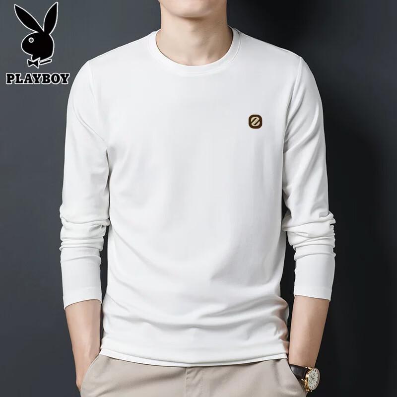 PLAYBOY Men's 100% Cotton Long-Sleeve Embroidered Crew-Neck T-Shirt