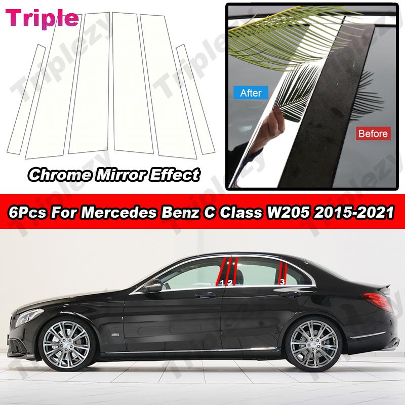 6Pcs Chrome PC Material Car Door Window Pillar Post Cover Trim For Mercedes Benz C Class C160 C180 C200 C250 C300 W205 2015-