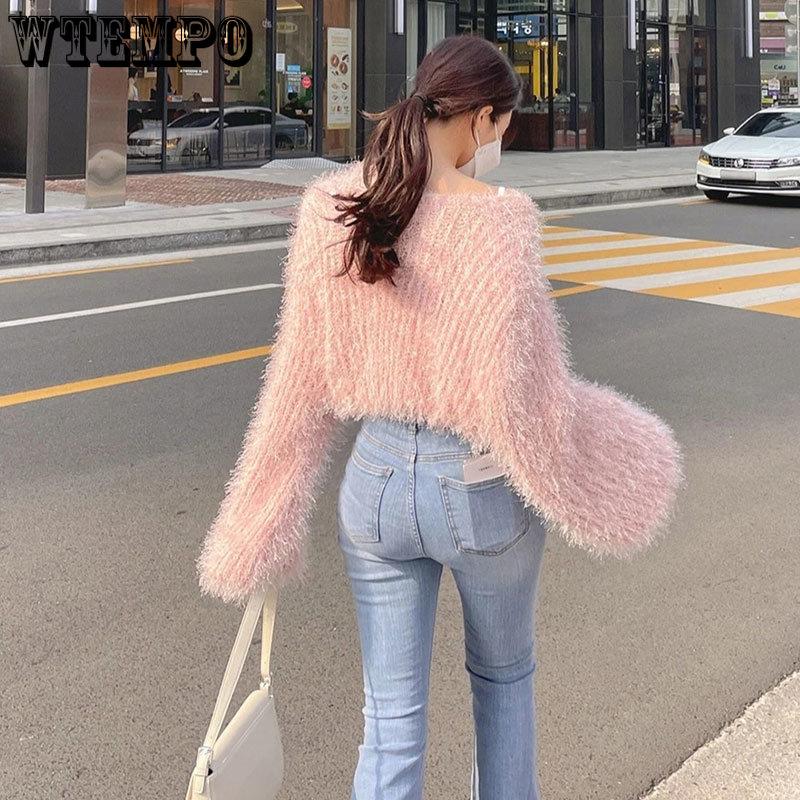 Fluffy Short Sweater Sexy V-neck Long Sleeved Single Breasted Coat Korean Chic Knitting Top Fashion Pink Cropped Cardigan Mujer