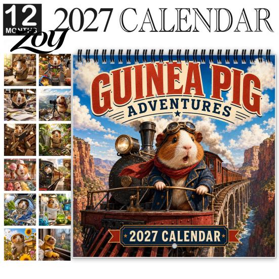 Guinea Pig Wall Calendar 2025 2027 Adventures Calendar, Cute 12 Monthly Planner with Creative Adventure Theme Imaginative Scenes, Spiral Bound Hanging