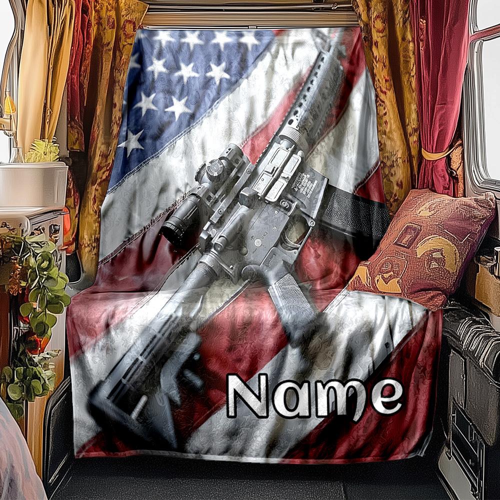 American Flag And Tactical Rifle Displayed Together Blanketcustomize Your Name Lightweight Comfortable And Stylish Blanket For Travel Bed Home Chair