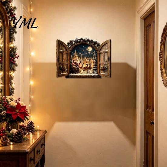 Winter Holiday Wall Ornament Santa Claus Window Light, 3D Lighted Christmas Decor, Warm LED Reindeer Snowy Indoor Home Decor Village Scene,