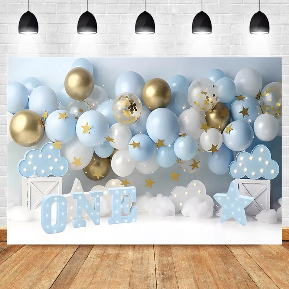 Baby Boy Blue Balloon Birthday Baby Shower Backgrounds For Photographs Gold Stars Clouds Kids Birthday Portrait Backdrop Shoot Vinyl 60x40cm