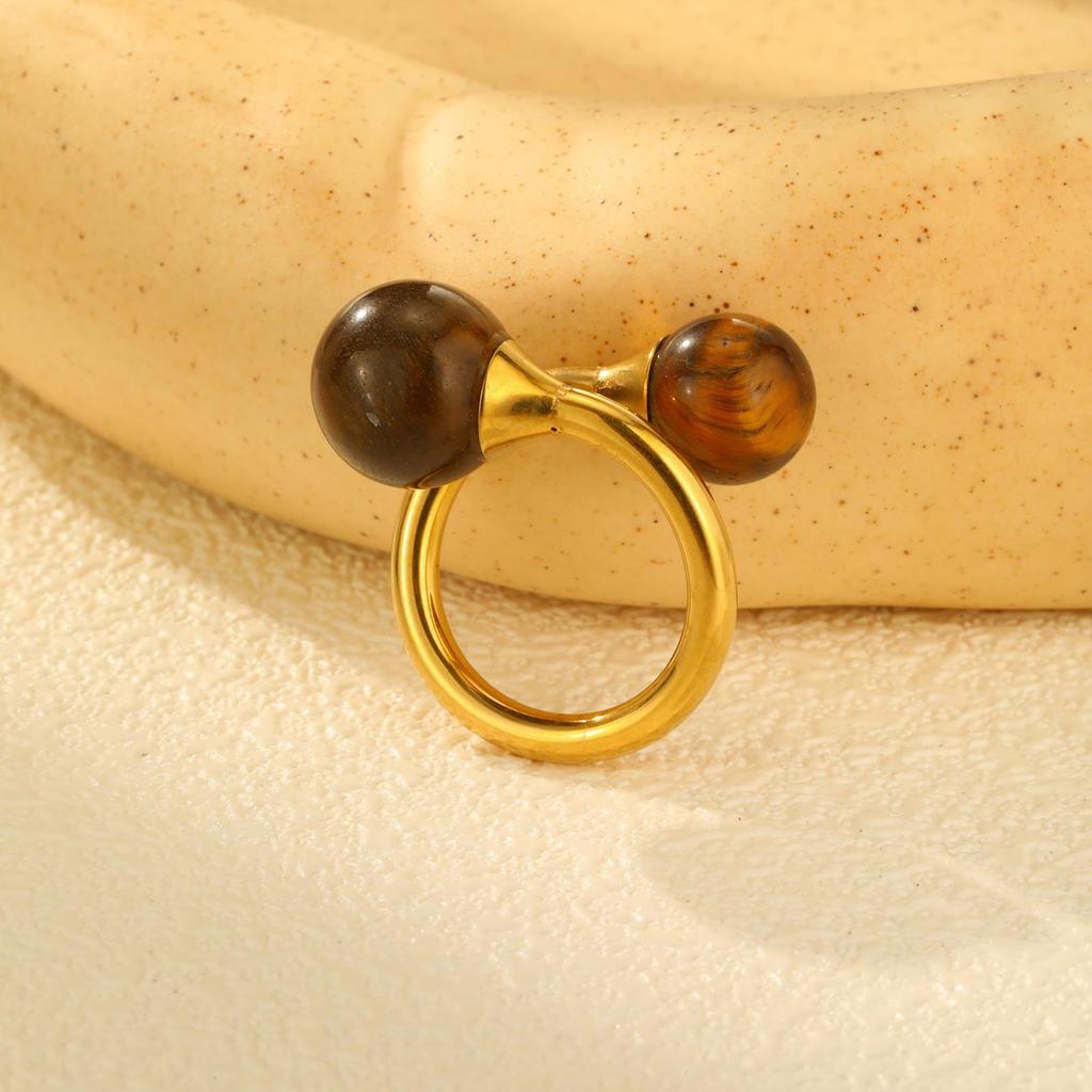 High Quality Double Natural Tiger Eye Stone Ring for Women, Gold Plated Charming Vintage Ring, Stainless Steel Fashion Jewelry
