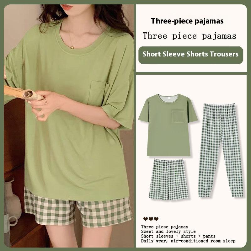 

Три комплекта пижам в деревенском стиле для женщин, летние брюки с короткими рукавами и длинными брюками из искусственного хлопка в зеленую клетку. 2XL65-75kg зелёный