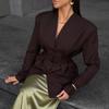 Autumn and Winter Retro Single-breasted Waisted Long-sleeved Coat for Women Commuting V-neck Blazer