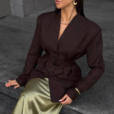 Autumn and Winter Retro Single-breasted Waisted Long-sleeved Coat for Women Commuting V-neck Blazer