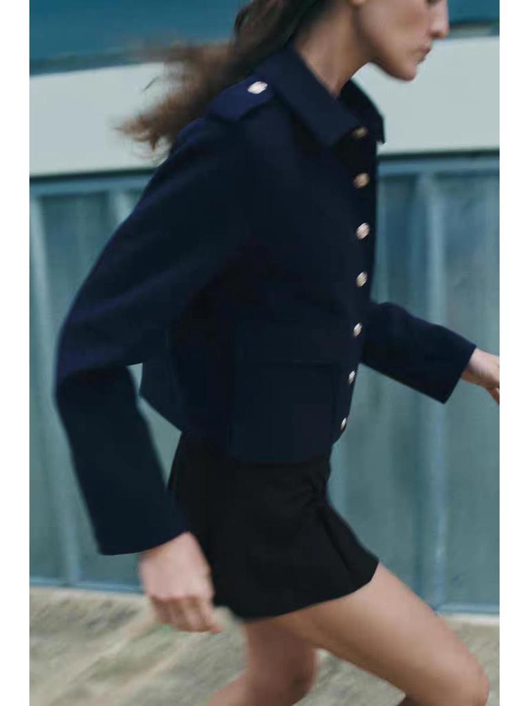 Navy-Style Gold Button High-Waisted Autumn Jacket for Women