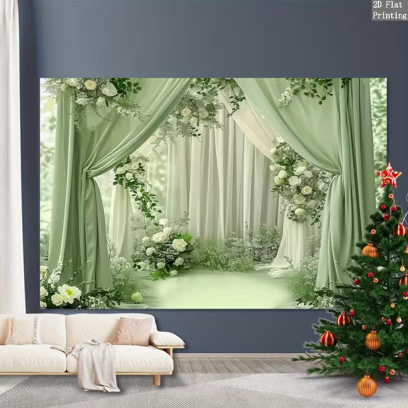 2D Flat Green Drape & White Rose Backdrop, Elegant Background for Engagement & Outdoor Wedding