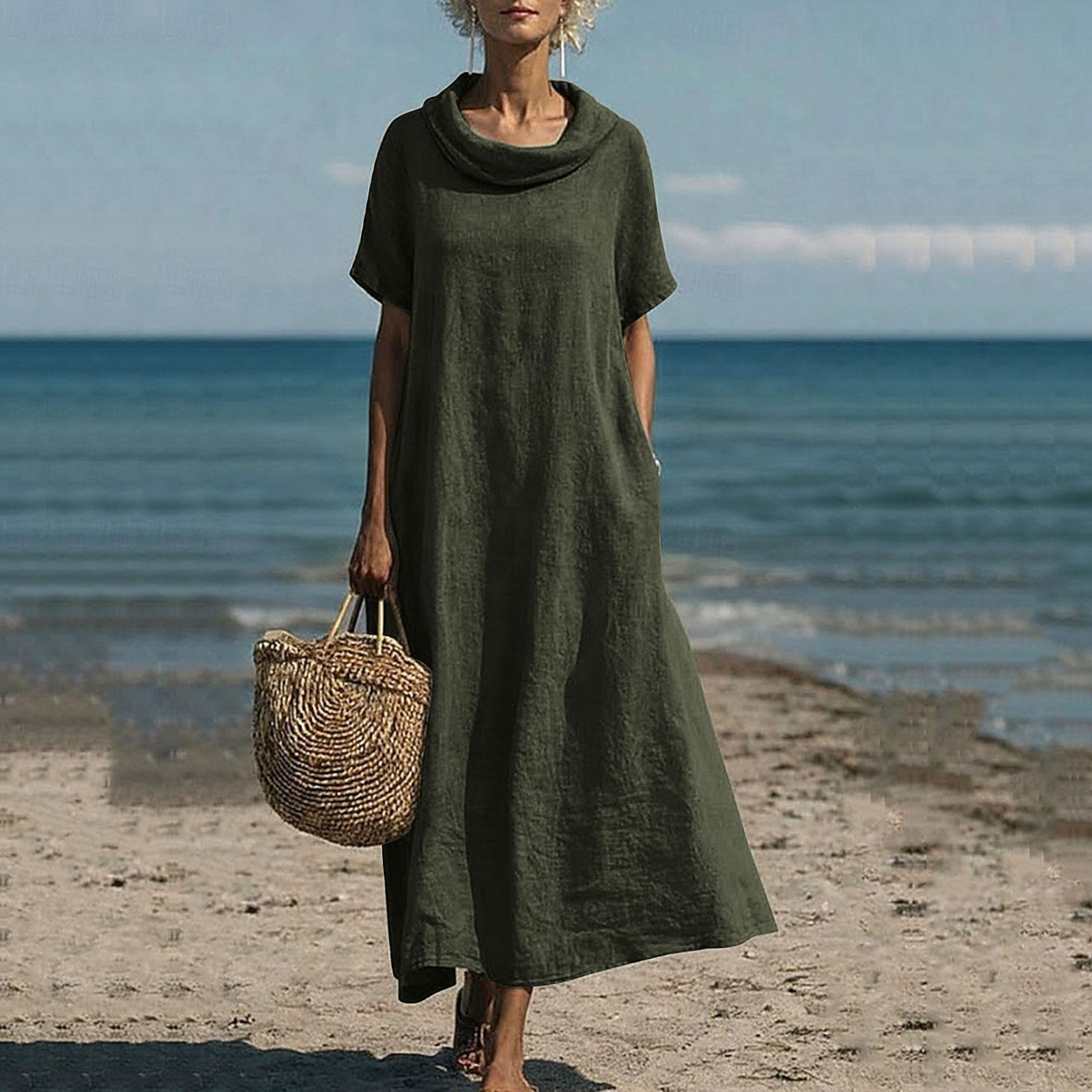Women’s Fashionable Casual Plain-Coloured Short-Sleeved Cotton-Linen Dress With A Puffed Collar L