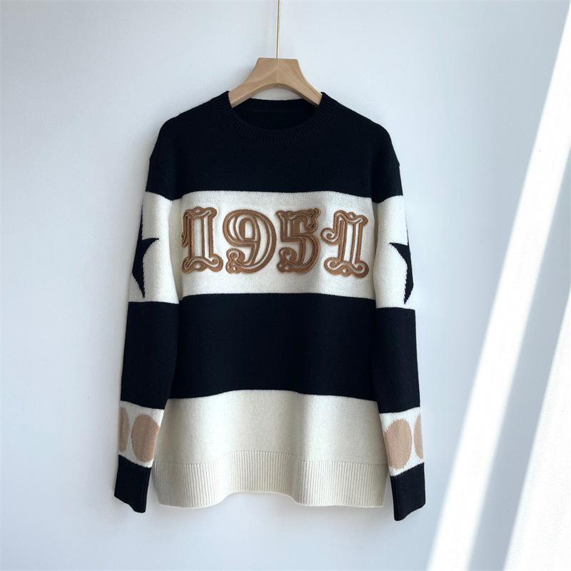 Women's Retro Classic MAX Family Wool Pullover: Round Neck, Long Sleeve, Embroidered Digital Knit, Cashmere Color Block Sweater