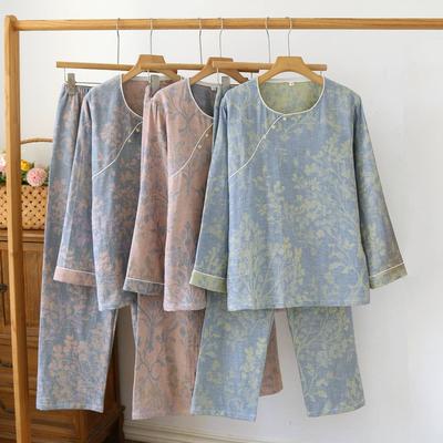 2026 Nuovo Set Pigiama da Donna Primavera e Autunno 100% Garza di Cotone Nuovo Stile Cinese Collo Diagonale Set per la Casa Biancheria da Notte
