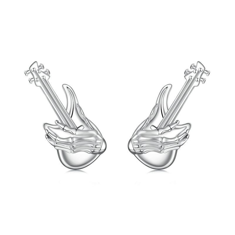 WOSTU 925 Sterling Silver Music Heart Note Stud Earrings Women Punk Gift Skull Hand Bass Studs Earring Hip Hop Jewelry Gift