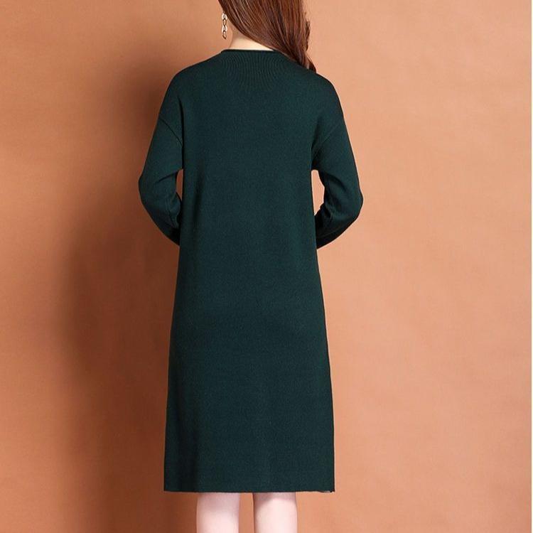 Women's Crew Neck Plus Size Knit Dress Autumn and Winter Color-Block Pullover Sweater Dress Over-the-Knee Mid-Length Knit Sweater