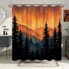 1pc Sunset Forest Shower Curtain - Tranquil Nature Landscape with Evergreen Trees & Misty Mountains, Orange & Yellow Sky Design,