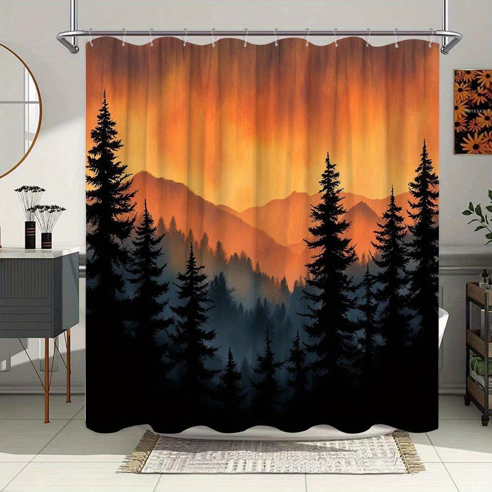 1pc Sunset Forest Shower Curtain - Tranquil Nature Landscape with Evergreen Trees & Misty Mountains, Orange & Yellow Sky Design,