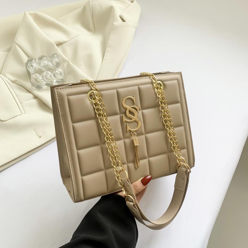 Geantă de textură cu indentare în carouri, nouă la modă și la modă, casual, cu un singur umăr, geantă crossbody, la modă, simplă, cu lanț, mică, pătrată