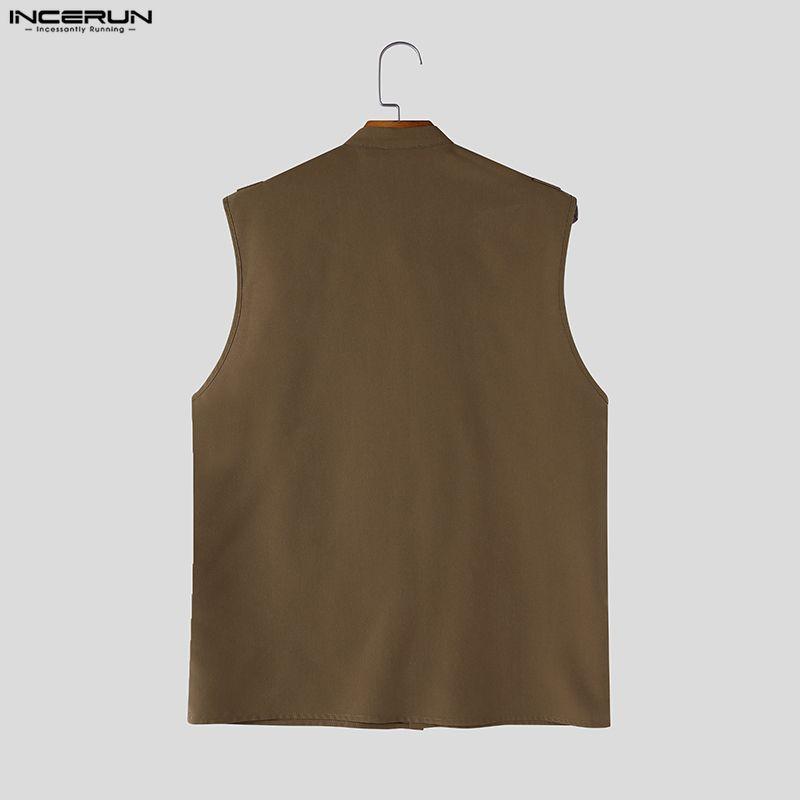 INCERUN Oversized Men Stand Neck Sleeveless Buttons Casual Loose Tank Tops
