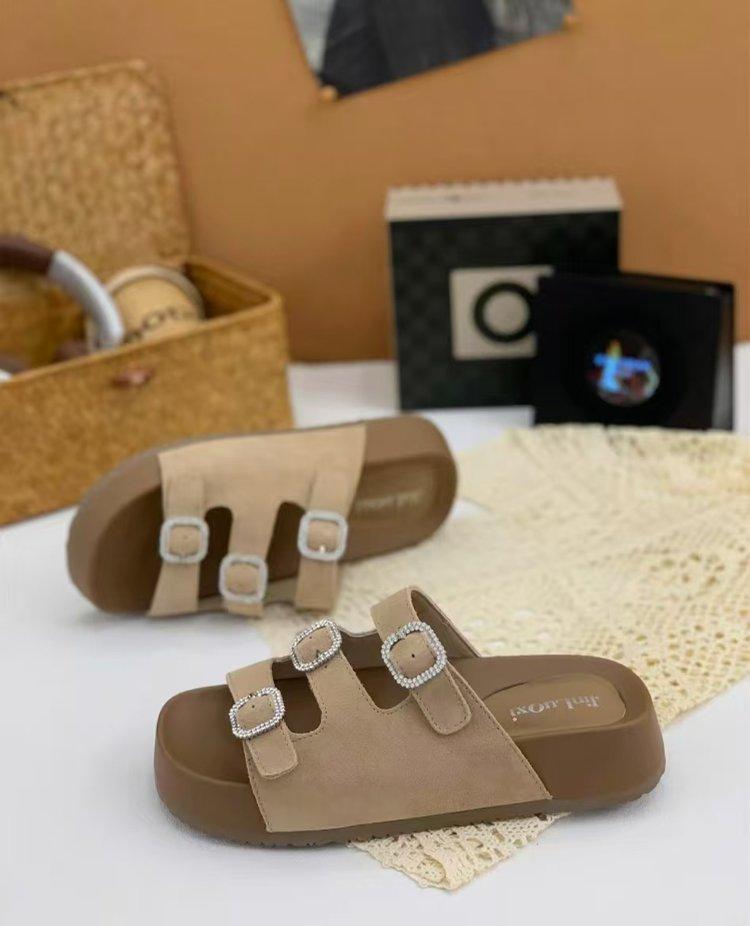 

2025 summer new leather thick-soled rhinestone casual matte leather slippers one-word women s shoes versatile fashion women s shoes 40 абрикосовый