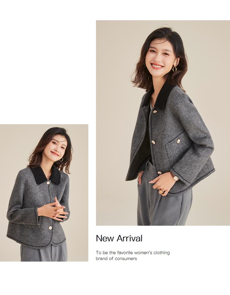 [Sheep Wool Coat] Short Color Blocked Double Sided Woolen Coat for Women Autumn/Winter, Flip Collar Cardigan with Side Pockets