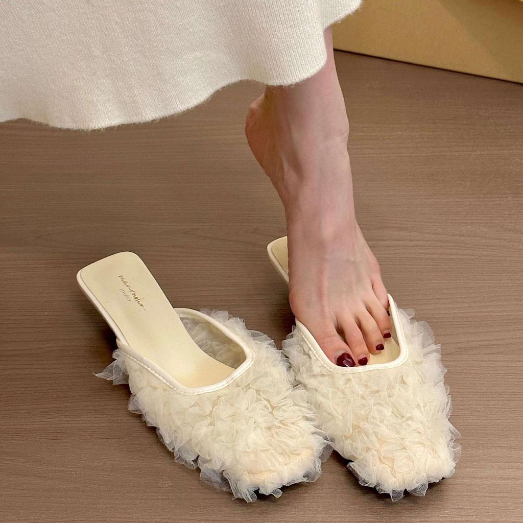 Temperament square head mesh yarn half drag half slippers women's spring and summer new super cool outer wear cat heel sandals women