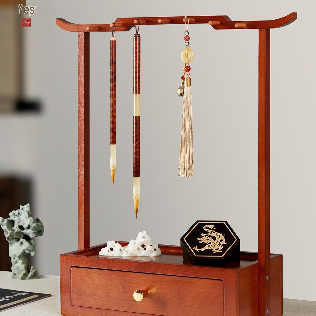 New Chinese Style Solid Wood Calligraphy Brush Holder and Tray: Four Treasures of the Study Display and Storage Rack.