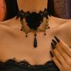 Vintage style dark red rose long fringed necklace goth black lace collarbone chain collar