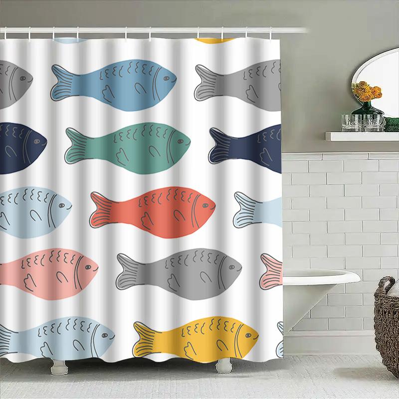 Whimsical Fish Shower Curtain Multicolor Pattern Decorative Fabric Waterproof Bath Rug Cover For Home Decoration In Bathrooms