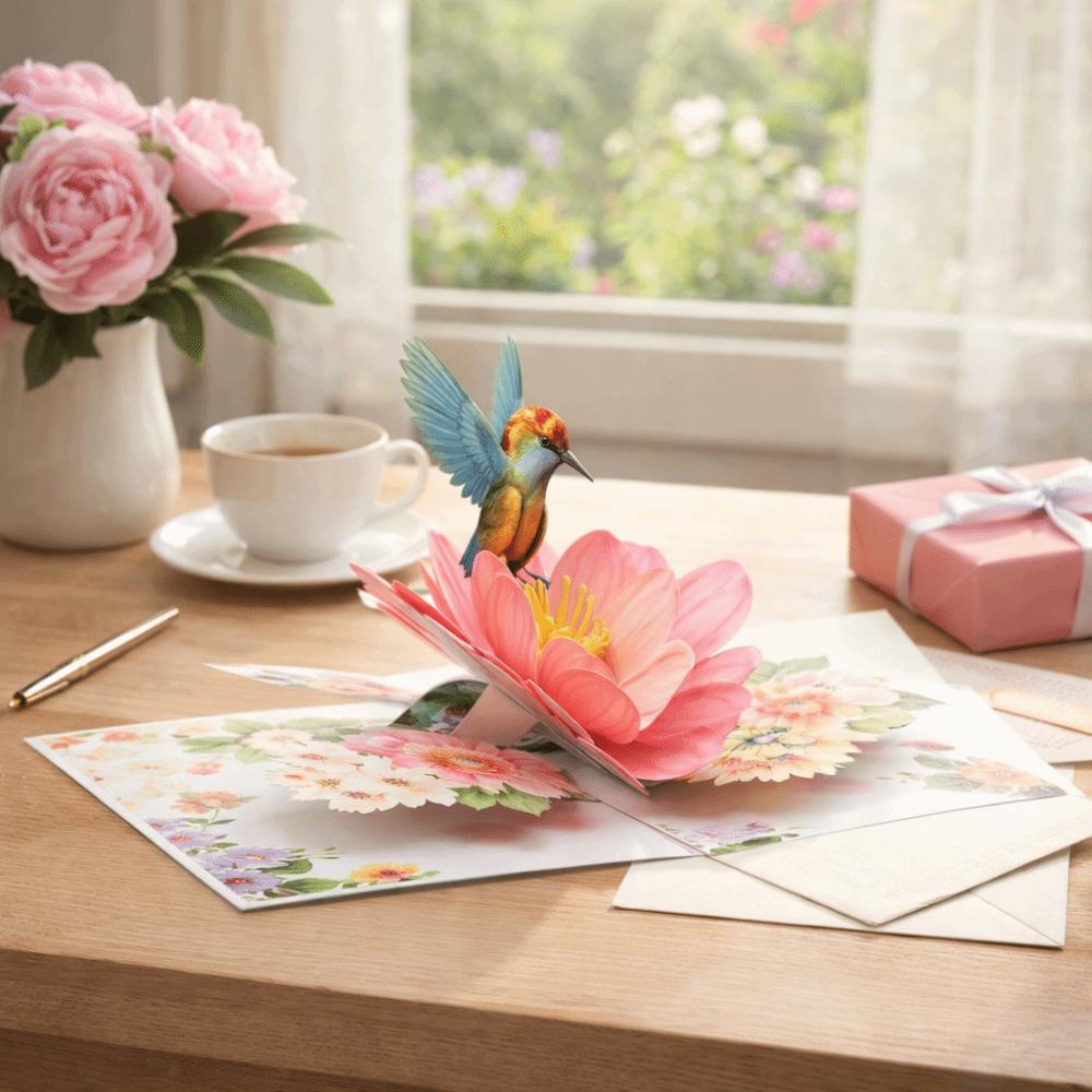 3D Hummingbird Pop Up Birthday Cards Nature Theme 20*15cm Hummingbird Pop Up Card 3D Flower Greeting Card Valentine's Day