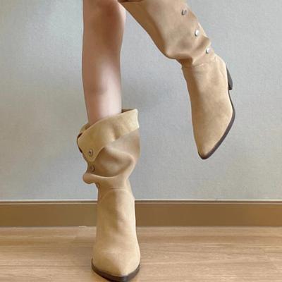 Une chaussure, deux façons de porter des bottes plissées rétro, bottes à plateformes mates, tempérament à talons épais pour femmes, bottes mi-mollet pointues à boutons