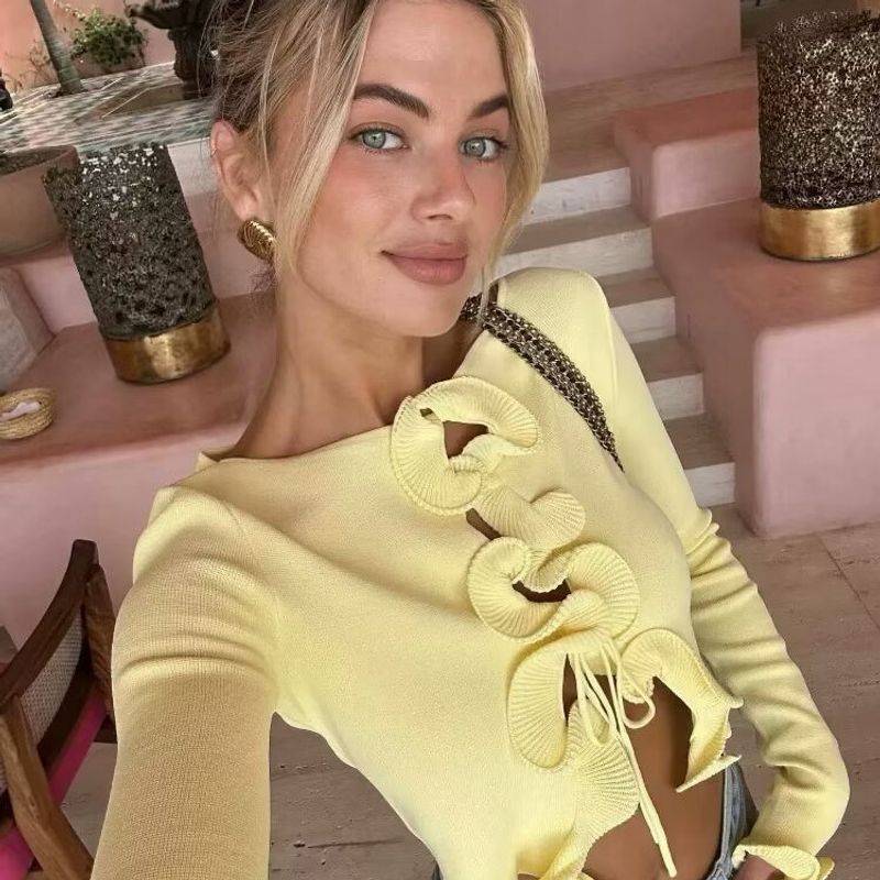 Zbzr Spring New Women Clothes Western Style Lace Patchwork Contrast Color Long Sleeve Knit Cardigan Slimming Short Top