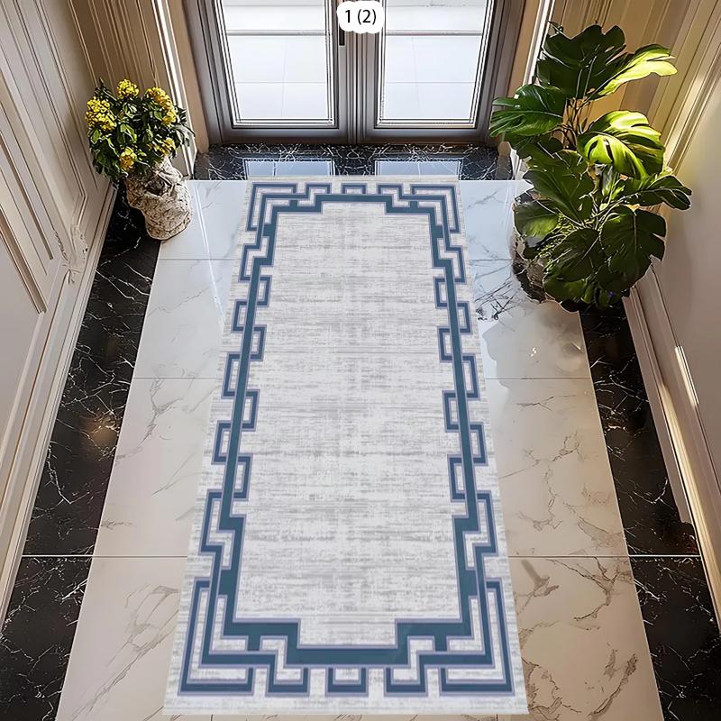 Navy Blue Double Border Runner Rug Geometric Stripe Print Floor Mat Washable Carpet for Hallway Entryway Kitchen 40X120CM