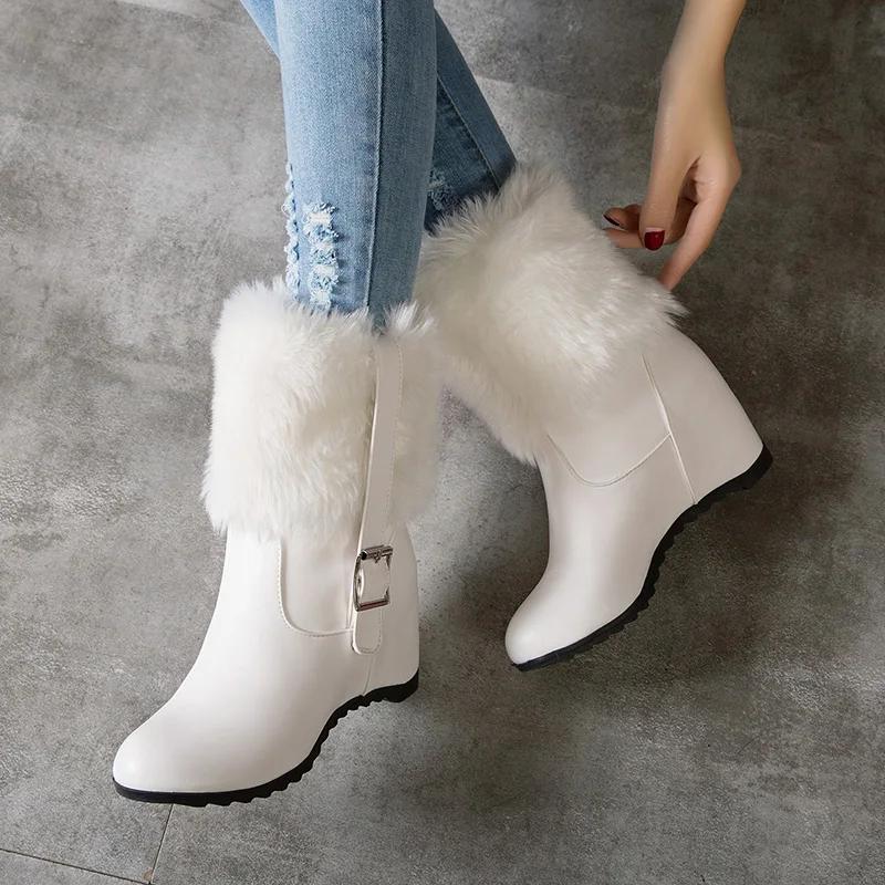 Ladies Height Increasing Fur Ankle Boots Daily Concise Boots Buckle Women High Heels Shoes Female Winter Botas Mujer White Black