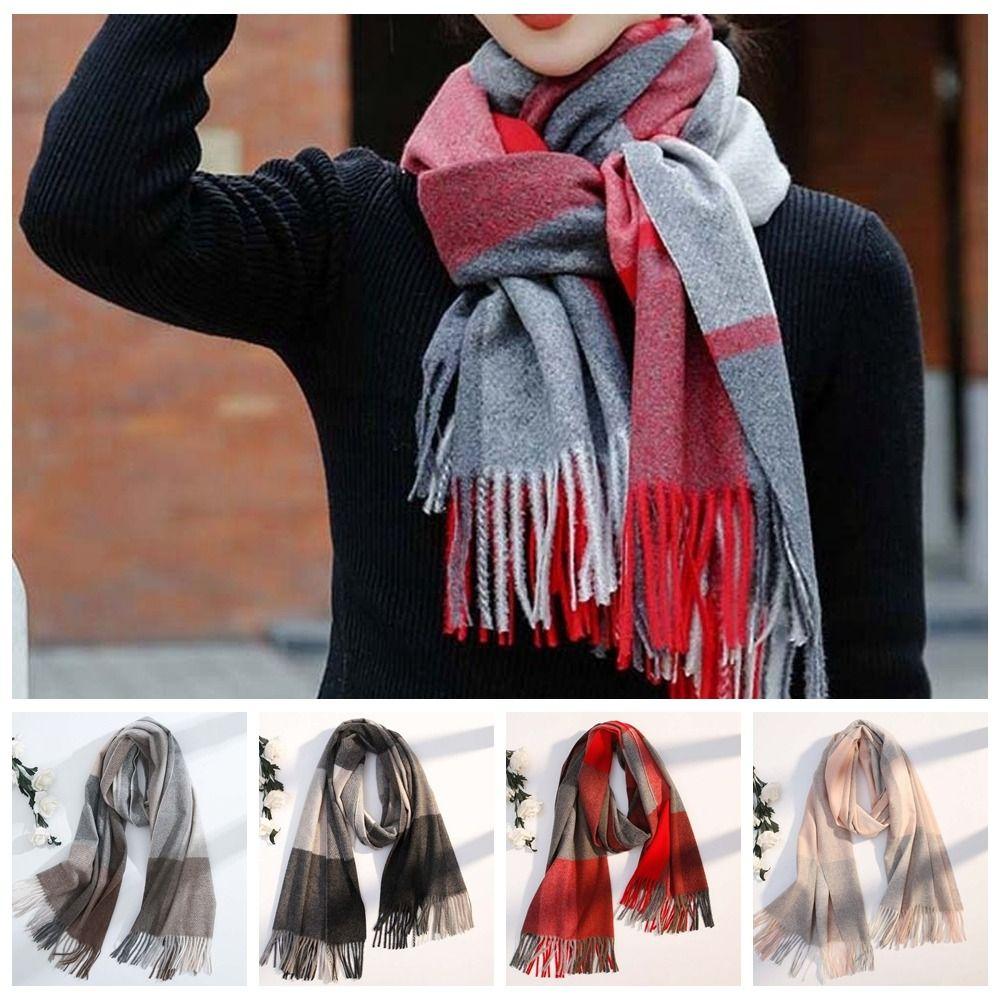 Soft Knitted Wool Scarf Wool Long Neckscarf with Tassel Large Classic Plaid Scarf  Winter