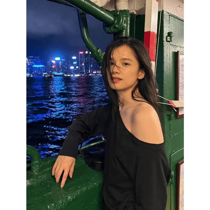 Spring pure desire one-word shoulder top women's loose lazy wind long-sleeved T-shirt off-the-shoulder versatile bottoming shirt