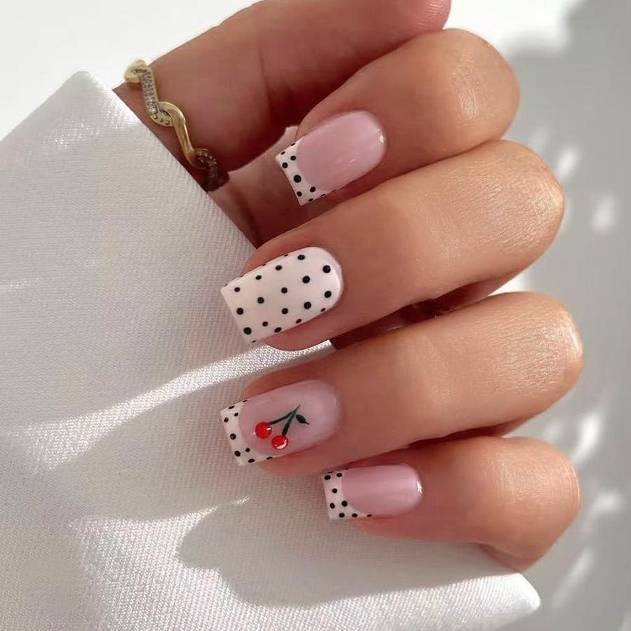 24Pcs Wine Red French Press On Nails Short Oval Elegant Dot Design Stick On Manicure False Nails