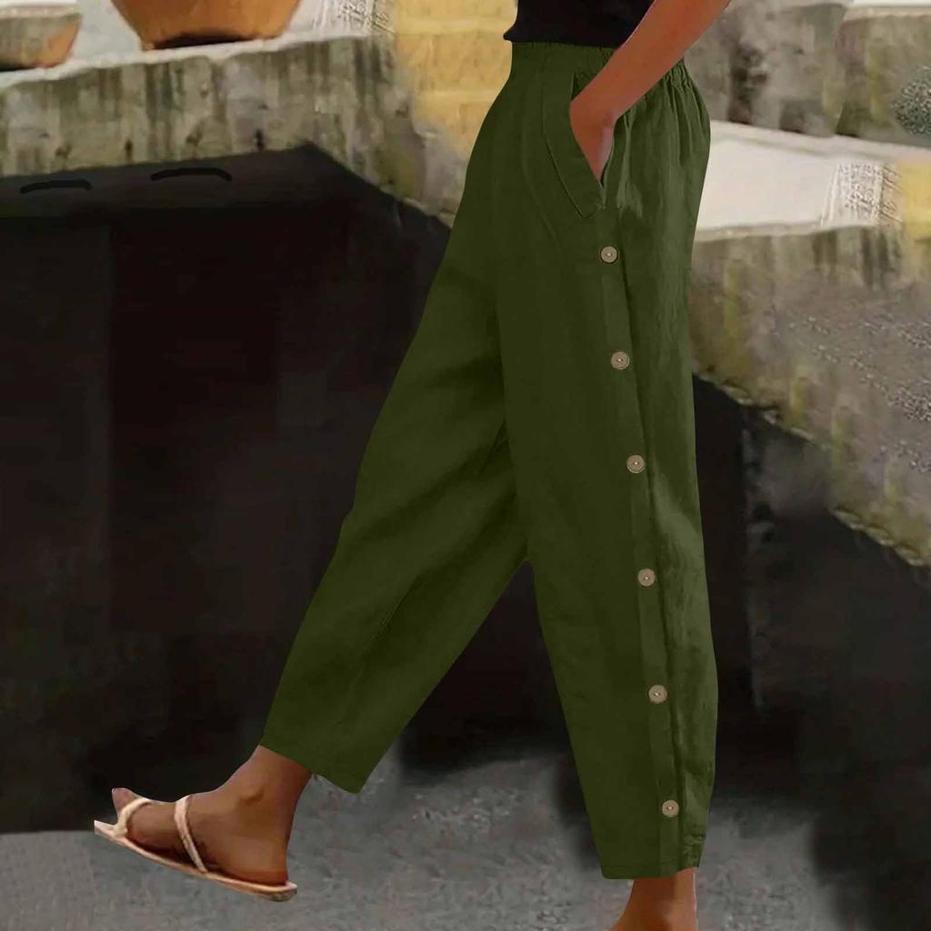 Women's Fashion Side-Button Pocket -Color Mid- Cotton-Linen Blend Relaxed-Fit Trousers