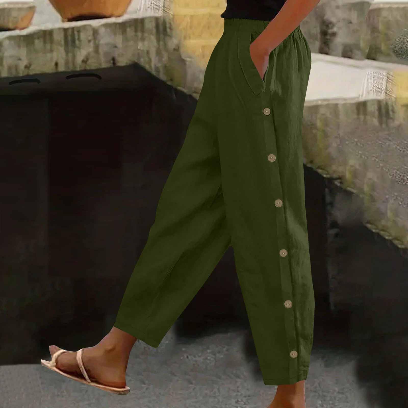 Women s Fashion Side-Button Pocket -Color Mid- Cotton-Linen Blend Relaxed-Fit Trousers L