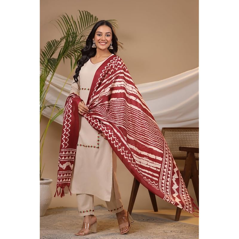 GoSriKi Women s Cotton Blend Straight Embroidered Kurta with Pant & Dupatta (DD Beige-GS_S_Beige_Small) S бежевый