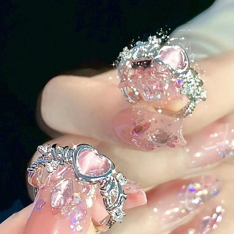 Trend Pink Love Heart Crystal Rings for Women Kpop Love Zircon Open Ring Irregular Grunge Aesthetic Egirl Rings Jewelry
