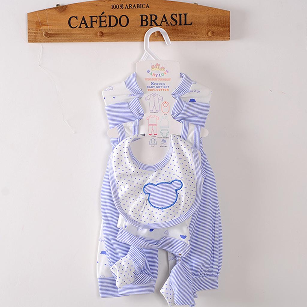 8-teiliges Neugeborenen Baby Junge Mädchen Oberteile+Mütze+Hose +Lätzchen+Socken Schuhe+Strampler Outfits Set