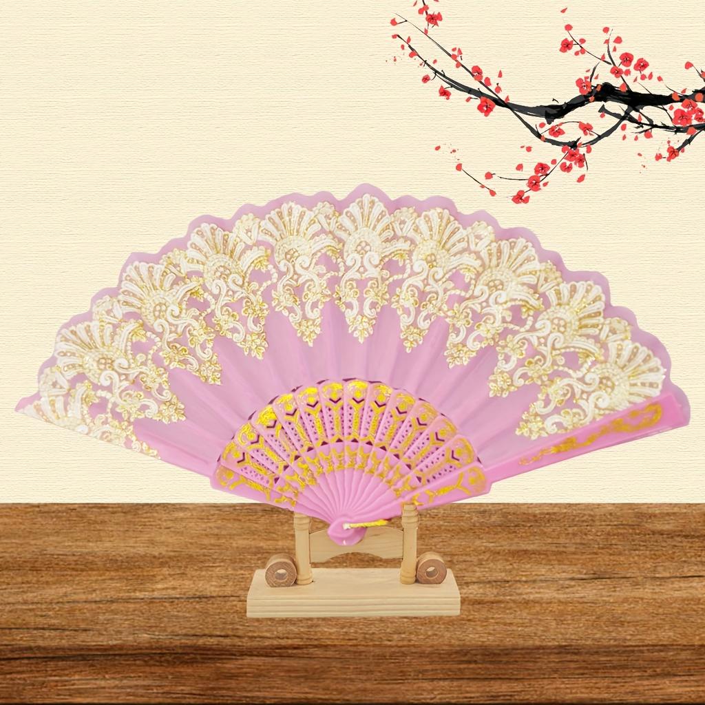 1pc Bronzing Flower Pattern Folding Fan Chinese Style Silky Fan Ancient Costume Accessories Dance Performance Props