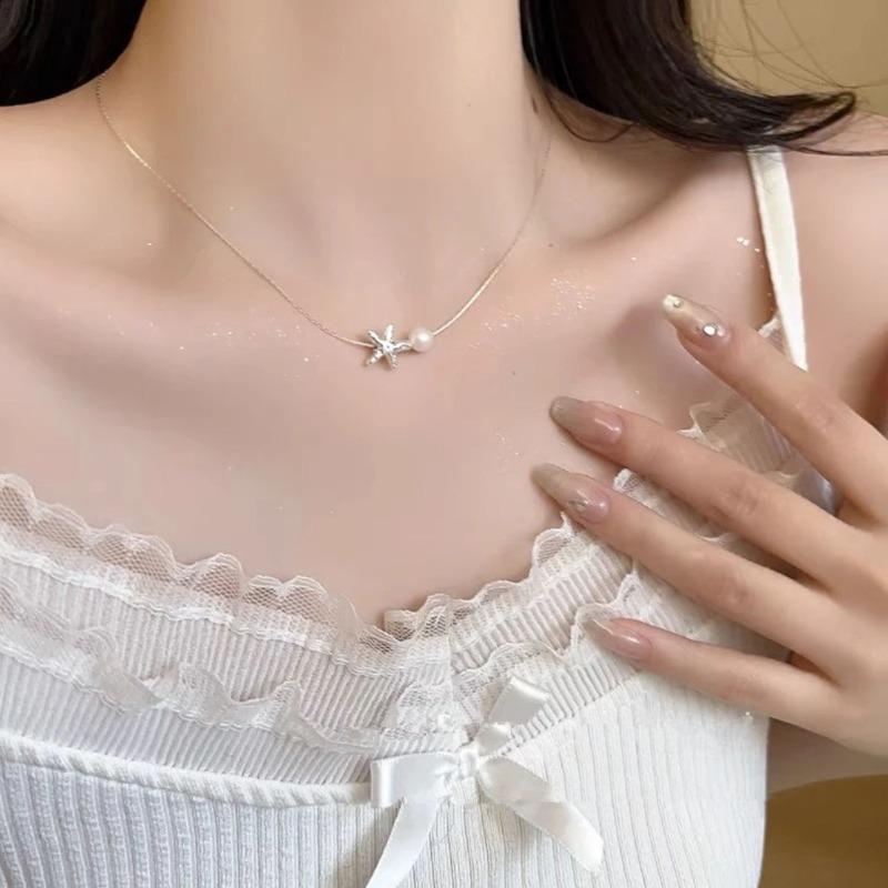 Simple Fashion Starfish Pendant Necklace for Women Elegant Pearl Clavicle Choker Necklace Spring Summer Jewelry Wholesale
