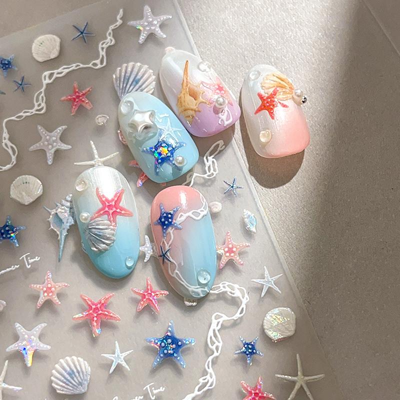 1 Sheet 5D Summer Seashell Nail Sticker Shiny Embossed Starfish Nails Stickers Summer Beach Sea Conch Nail Decals Decoration