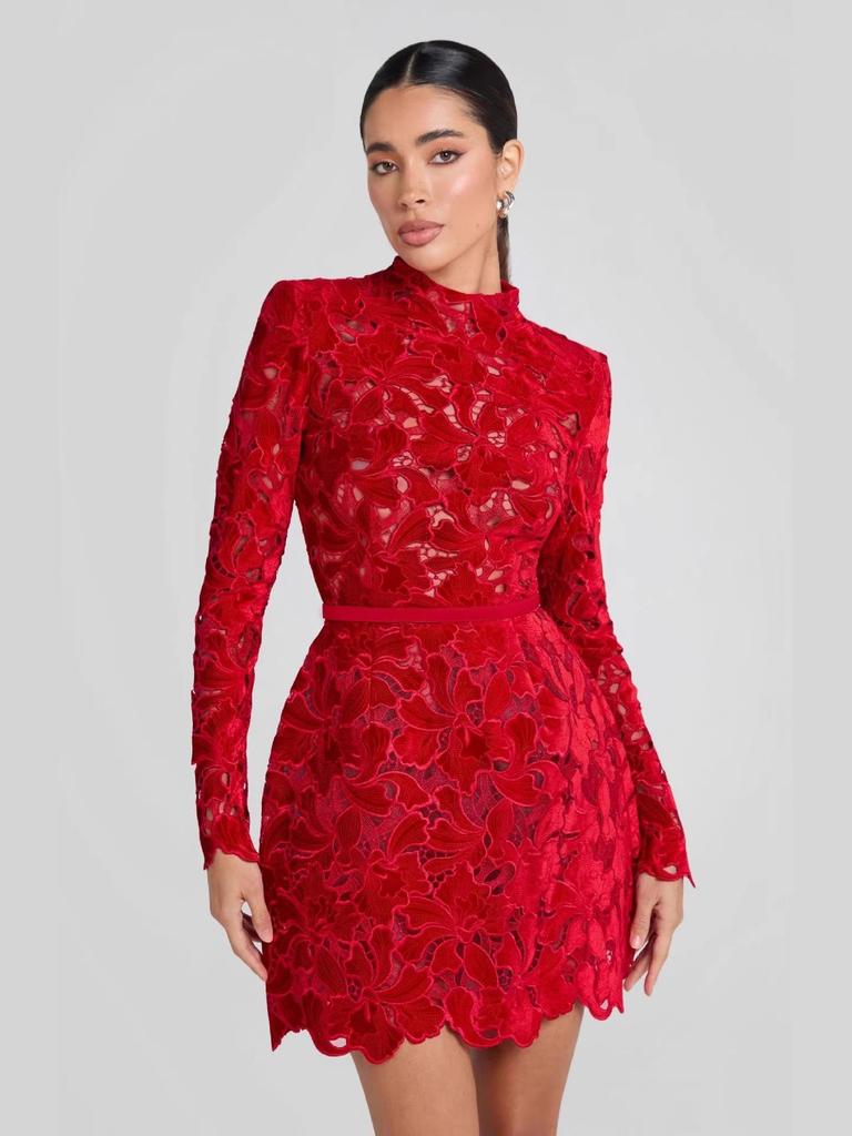 Autumn Red Lace Zipper Dress: Long Sleeve Christmas Style Women's Fashion