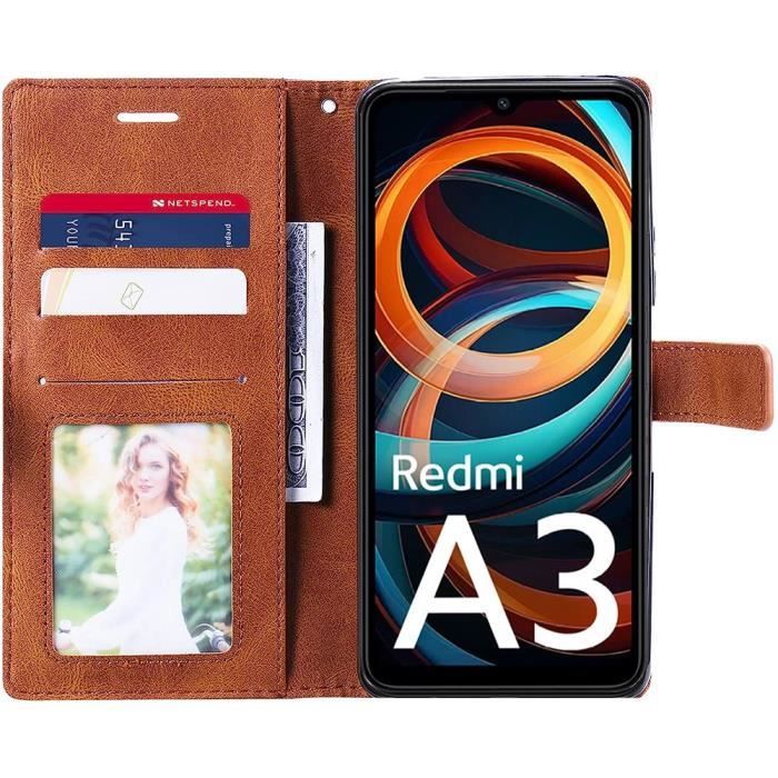 Coque + 2 Verres Trempés - pour Xiaomi Redmi A3 - Cuir Synthétique - Effet Rétro - Souple